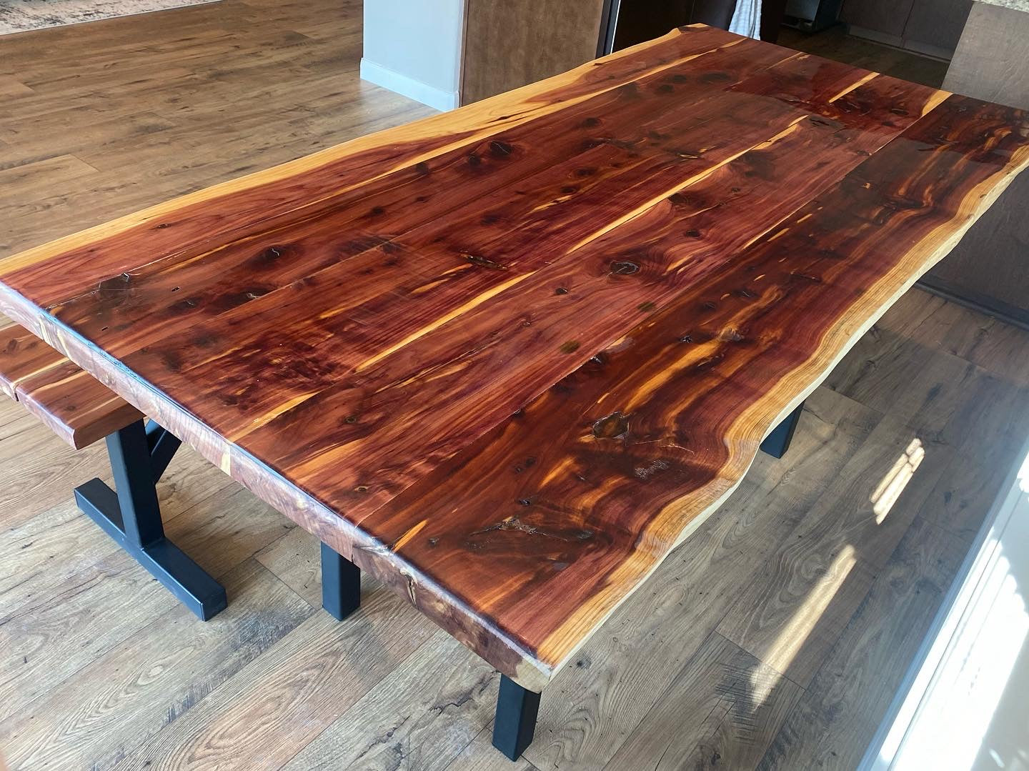 Red Cedar Table & Bench / Metal Legs / Epoxy