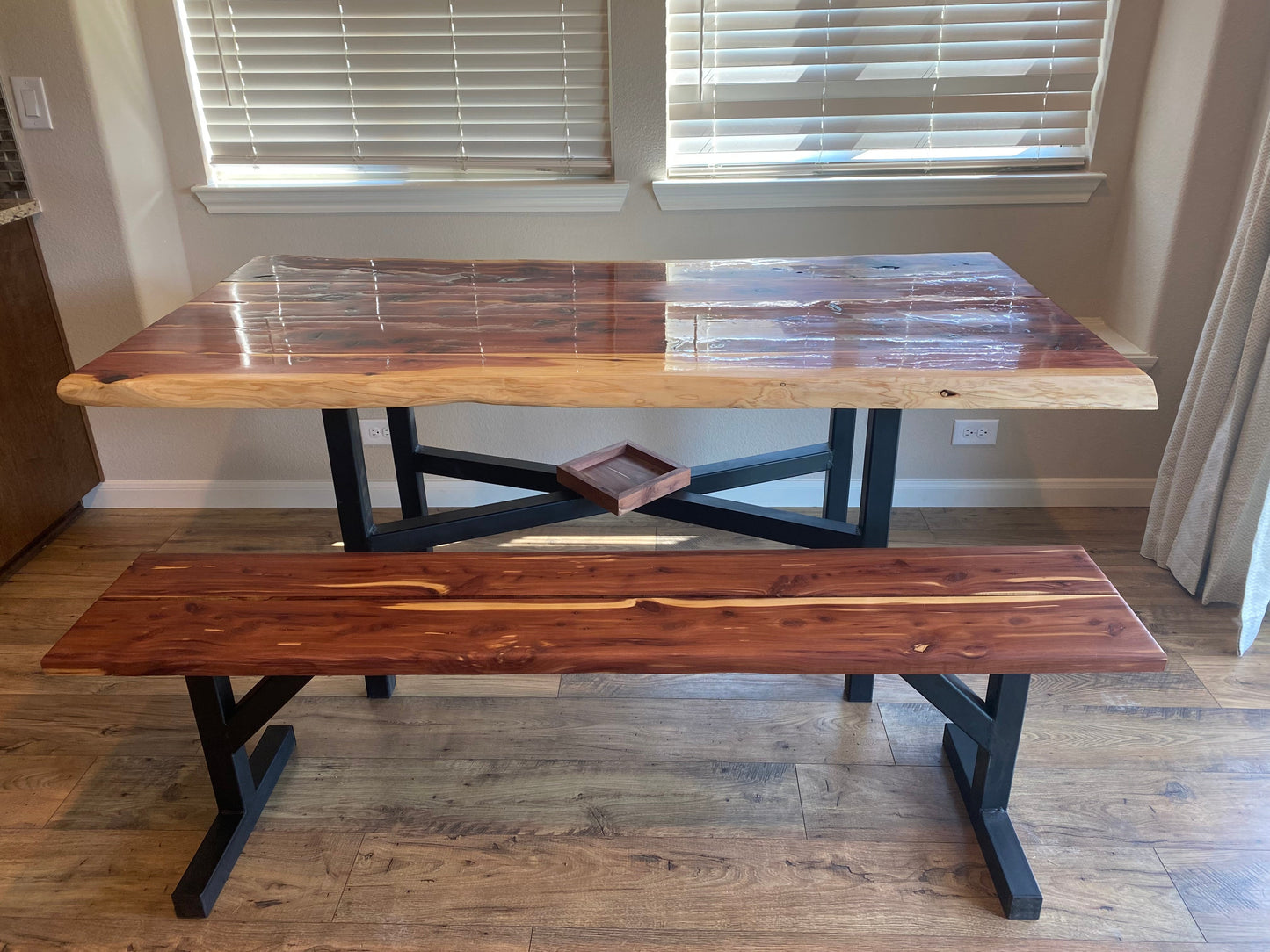 Red Cedar Table & Bench / Metal Legs / Epoxy